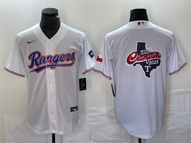 Men's Texas Rangers White 2023 World Series Champions Big Logo With Patch Cool Base Stitched Baseball Jersey Men's Texas Rangers White 2023 World Series Champions Big Logo With Patch Cool Base Stitched Baseball Jersey